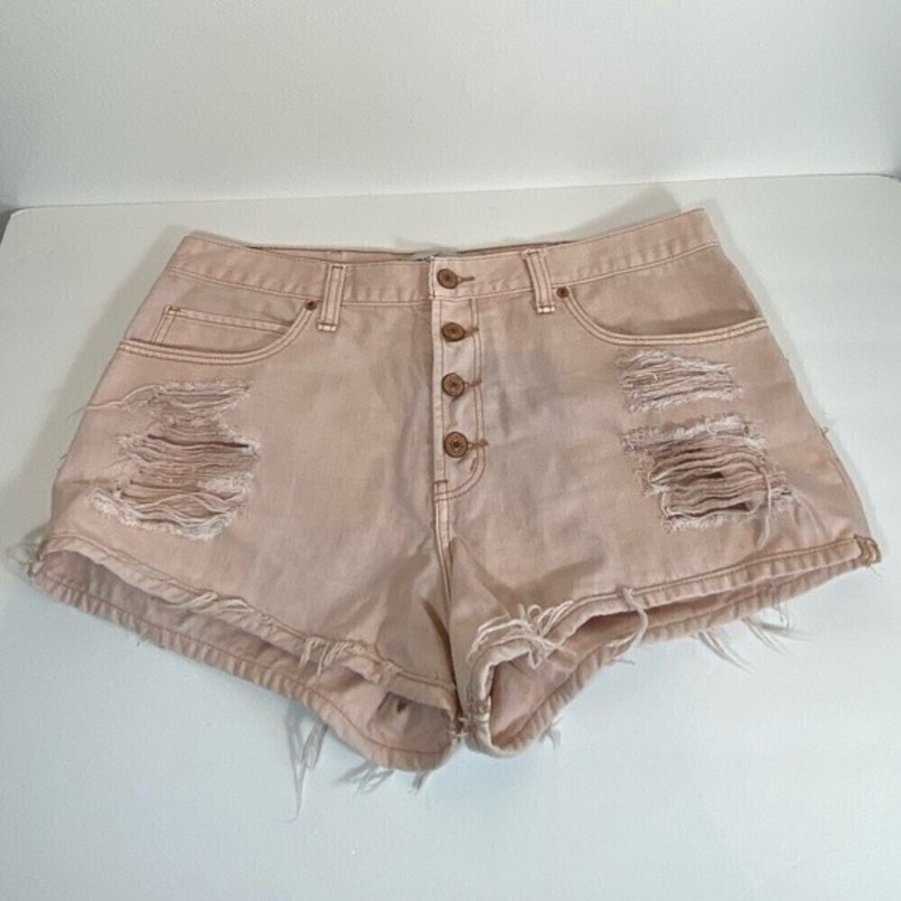 Abercrombie & Fitch Women Distressed Cut Off 12 Cotton Pink Button Fly Festival